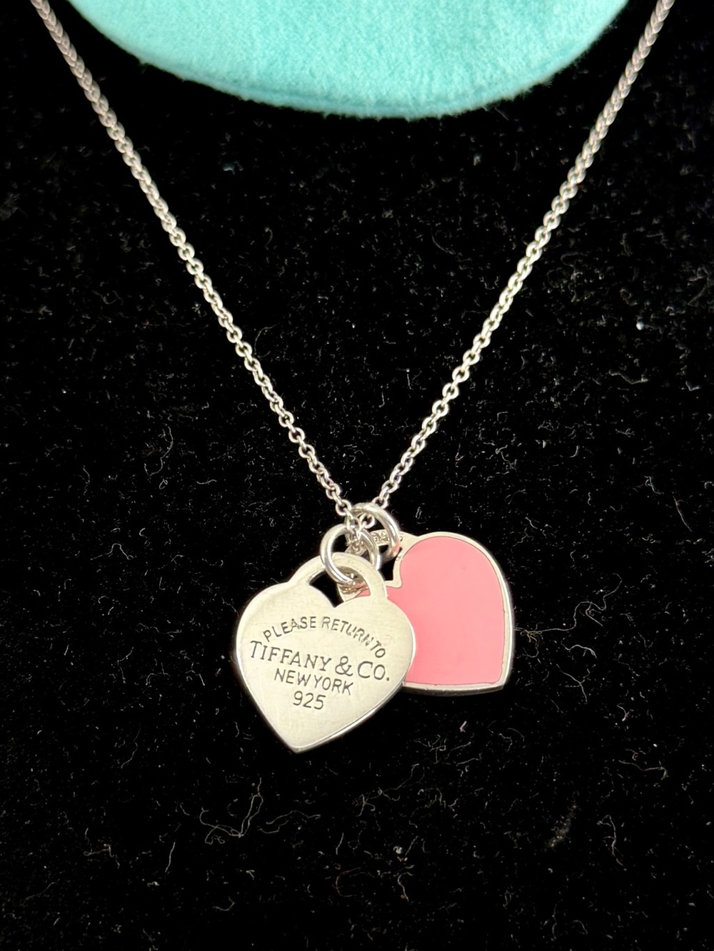 TIFFANY & CO. Sterling Pink Return To Tiffany Double Heart Tag Necklace, Small